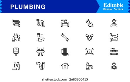 Sanitäre Linie Icon-Set mit editierbaren, Pixel-perfekte Icons mit einem sauberen und modernen Design-Stil. Perfekt für Sanitär-, Wartungs-, Reparatur- und Konstruktionsthemen.