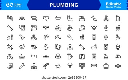 Conjunto de iconos de línea de fontanería con iconos editables y perfectos con un estilo de diseño limpio y moderno. Perfecto para fontanería, mantenimiento, reparación y temas de construcción.