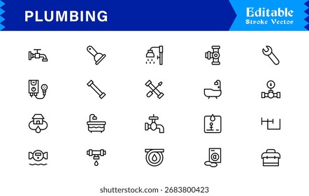 Sanitäre Linie Icon-Set mit editierbaren, Pixel-perfekte Icons mit einem sauberen und modernen Design-Stil. Perfekt für Sanitär-, Wartungs-, Reparatur- und Konstruktionsthemen.
