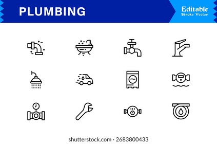 Plumbing line icon set featuring editable, pixel-perfect icons with a clean and modern design style. Perfect for plumbing, maintenance, repair, and construction themes.