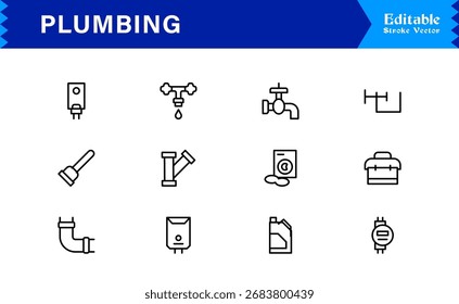Sanitäre Linie Icon-Set mit editierbaren, Pixel-perfekte Icons mit einem sauberen und modernen Design-Stil. Perfekt für Sanitär-, Wartungs-, Reparatur- und Konstruktionsthemen.