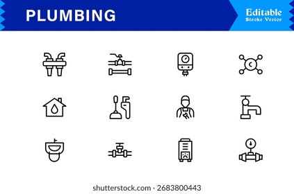 Sanitäre Linie Icon-Set mit editierbaren, Pixel-perfekte Icons mit einem sauberen und modernen Design-Stil. Perfekt für Sanitär-, Wartungs-, Reparatur- und Konstruktionsthemen.
