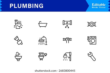 Sanitäre Linie Icon-Set mit editierbaren, Pixel-perfekte Icons mit einem sauberen und modernen Design-Stil. Perfekt für Sanitär-, Wartungs-, Reparatur- und Konstruktionsthemen.