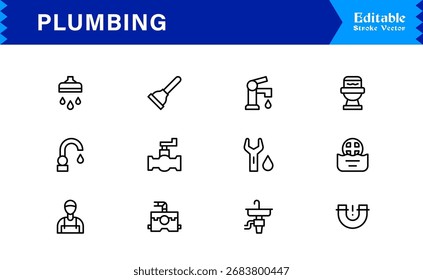 Sanitäre Linie Icon-Set mit editierbaren, Pixel-perfekte Icons mit einem sauberen und modernen Design-Stil. Perfekt für Sanitär-, Wartungs-, Reparatur- und Konstruktionsthemen.