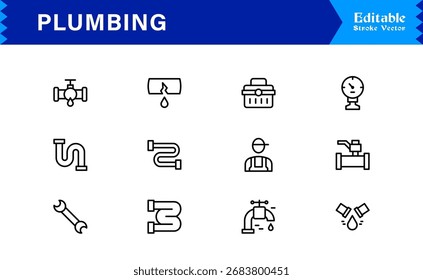Sanitäre Linie Icon-Set mit editierbaren, Pixel-perfekte Icons mit einem sauberen und modernen Design-Stil. Perfekt für Sanitär-, Wartungs-, Reparatur- und Konstruktionsthemen.