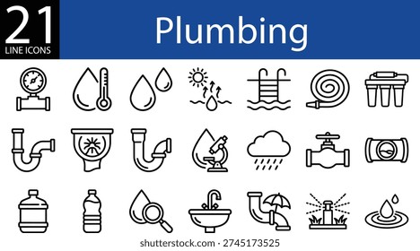 Plumbing line icon set in outline style, pipes, water drops, temperature gauges, maintenance tools, and sanitation fixtures