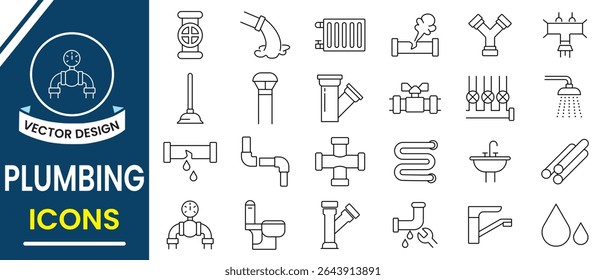 Plumbing line icon vector set. Symbol of plumbing icon, plumbing, plunger, dishwasher, leaking washing machine, water heater, sink, tool box and mores.