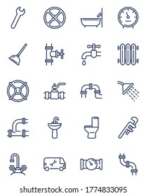 Plumbing line icons set. Bath pipes, shower, water, toilet drain, valve, tap. Thin icon collection for housekeeping service, bathroom, home repair store, plumber job and tools topics