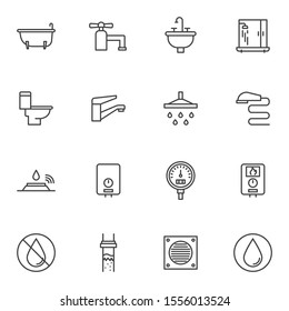 Plumbing line icons set. linear style symbols collection, outline signs pack. vector graphics. Set includes icons as water tap, shower, gauge pressure meter, heater, toilet, bathtub, sink, sewer pipe