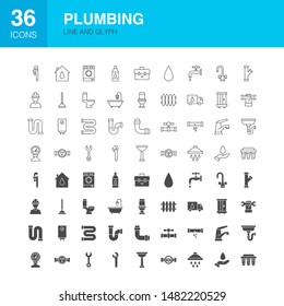 Plumbing Line Web Glyph Icons. Vector Illustration of Industrial Outline and Solid Symbols. 