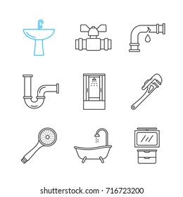 Plumbing linear icons set. Broken water pipe, washbasin, valve, bathroom cabinet, monkey wrench, shower head and cabin, bathtub. Thin line contour symbols. Isolated vector outline illustrations