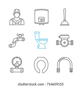 Plumbing linear icons set. Thin line contour symbols. Home boiler, force cup, pipe with valve, pressure gauge, lavatory pan, toilet seat, plumber. Isolated vector outline illustrations