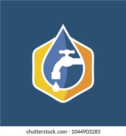 Plumbing logo. Colorful style symbol of water drop with tap and gear silhouettes. Faucet sign with water.