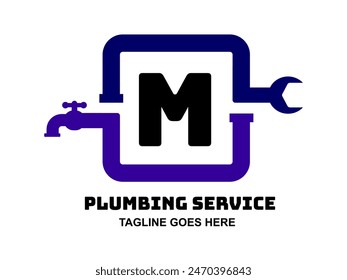 Plumbing logo design for plumber company. Plumbing M Letter Logo. Plumbing service logo. letter M water faucet logo