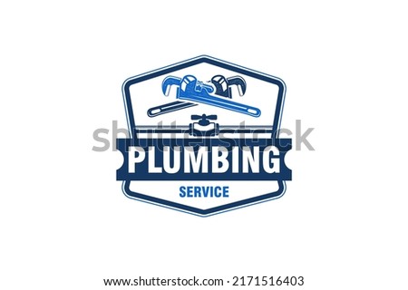 Plumbing logo design service monkey wrench spanner tool handyman icon emblem badge faucet pipe