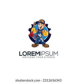 Plantilla para el logotipo de fontanería con estilo retro o vintage, perfecta para su marca de fontanería Cartoon Plumber Man Mascot Mechanic Man, Handyman, Repairman Logo para el logotipo de servicio, reparación o mantenimiento.