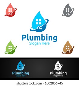 Plumbing Logo with Water and Fix Home Concept