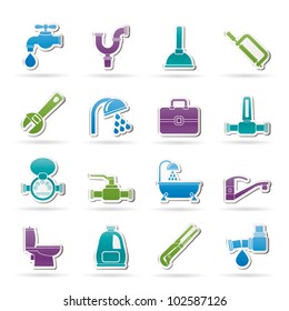 Plumbing Objects And Tools Icons - Vector Icon Set