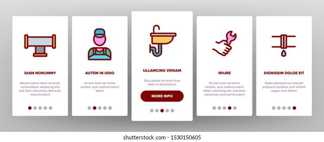 Plumbing Onboarding Mobile App Page Screen Vector Icons Set Thin Line. Bathroom Plumbing Accessories And Equipment Concept Linear Pictograms. Leaking Tube And Plumber Color Contour Illustrations