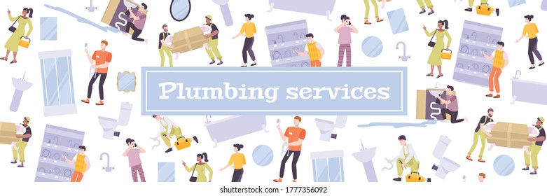 Plumbing pattern flat composition with text and bathroom fixtures images with characters of plumbers and clients vector illustration