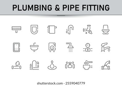 Plumbing and pipe fitting icons. Related to pipe, faucet, repair, installation, and water management. Minimalist line icon collection. Editable stroke. Vector illustration.