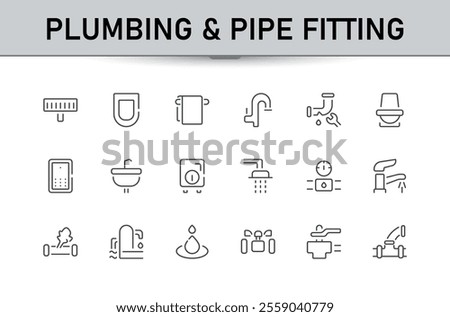 Plumbing and pipe fitting icons. Related to pipe, faucet, repair, installation, and water management. Minimalist line icon collection. Editable stroke. Vector illustration.