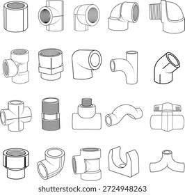 Accesorios de tubería de fontanería Vector Set Line Art Style