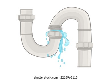 Plumbing pipe with flowing water. Water leak of plastic pipe. Broken sewer and water supply. Leaky valve, burst tube, crack siphon, damaged plumbing joint, dripping drain. Stock vector illustration
