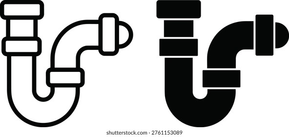 Plumbing pipe icons in black and white design, showing outlined and solid P‑trap styles, symbolizing drainage, plumbing systems, construction, and household maintenance projects.