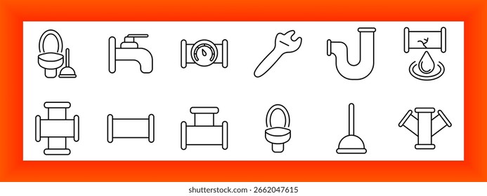 Icono del sistema de tuberías y tuberías. Inodoro con émbolo, grifo, manómetro, llave, tubo de drenaje, tubo de fuga, secciones de tubería, urinario, émbolo, junta en Y.