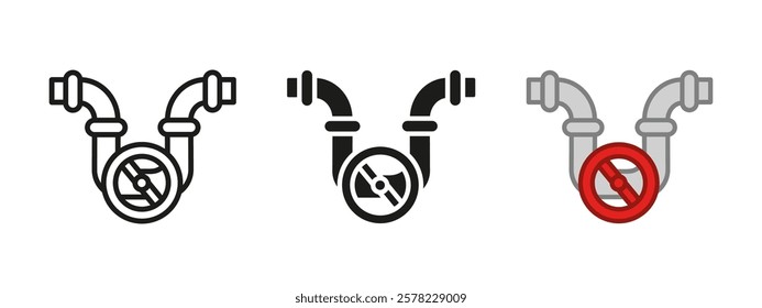 Plumbing pipe with valve icon. Pipeline water system vector illustration. Gas pump tube symbol. Canalization sign. Industrial drainage pictogram. Plumber service logo. Plumbing and engineering concept