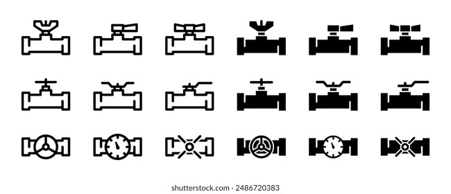 Plumbing pipeline with different valves and indicators icon set. Sewerage, water and gas pipe with fittings symbol. Industrial pump and drain system with faucet and valve vector illustration isolated