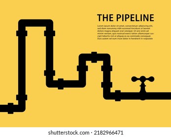 Plumbing pipeline for water, gas and oil. Pipe system with valves technology icon. Yellow construction infographic of heating, sewer for supply, business,refinery,factory,sewerage illustration. Vector