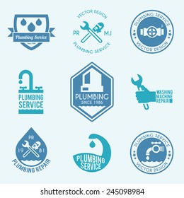 Plumbing pipelines leakage home facilities repair service flat labels collection with water drops abstract vector isolated illustration