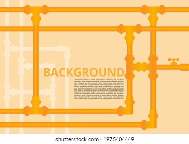 Plumbing pipes background. Yellow tubes valves meter junction on white background.
