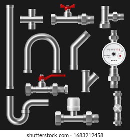 Tubos de fontanería, partes de tuberías de suministro de agua y sistema de drenaje 3d diseño vectorial de la industria de la construcción. Tubos metálicos, válvulas y grifos realistas, grifos, accesorios de acero, conectores y medidor de flujo