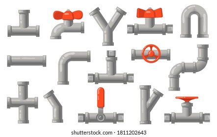 Plumbing pipes set. Grey metal tubes with valves, industrial pipelines, water drains isolated on white background. Flat vector illustrations for engineering, connection system concept