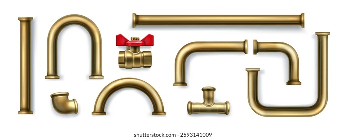 Plumbing pipes set isolated on white background. Vector realistic illustration of stainless steel tube sections, tee, valve and faucet, oil, gas, water supply, drainage and sewage system elements