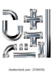 Plumbing pipes - vector set with parts to build your own configurations - stainless steel texture