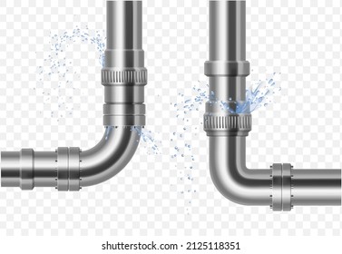 Plumbing, piping, realistic pipes.
Leakage of water pipes. Broken steel pipeline with leak, leaky valve, drip fittings, burst pipe, leak, leaking pipes. vector illustration