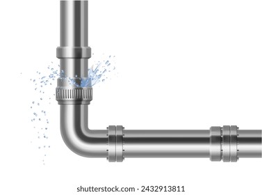 Plumbing, piping, realistic pipes.
Leakage of water pipes. Broken steel pipeline with leak, leaky valve, drip fittings, burst pipe, leak, leaking pipes. vector illustration