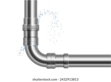 Plumbing, piping, realistic pipes.
Leakage of water pipes. Broken steel pipeline with leak, leaky valve, drip fittings, burst pipe, leak, leaking pipes. vector illustration