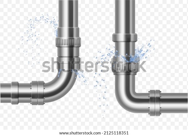 Plumbing, piping,\
realistic pipes.\
Leakage of water pipes. Broken steel pipeline\
with leak, leaky valve, drip fittings, burst pipe, leak, leaking\
pipes. vector\
illustration