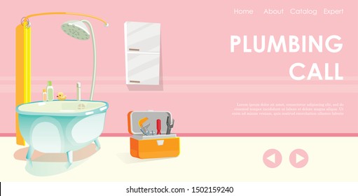 Plumbing Repair Call Flat Cartoon Vector Illustration. Working and Fixing Problems in Bathroom. Bath with Washing Accessories on it. Gel, Shampoo and Duck. Curtains. Tool Case for Plumber.