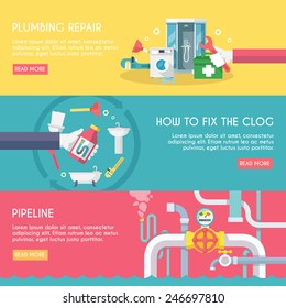 Plumbing repair fix the clog pipeline horizontal banner set isolated vector illustration