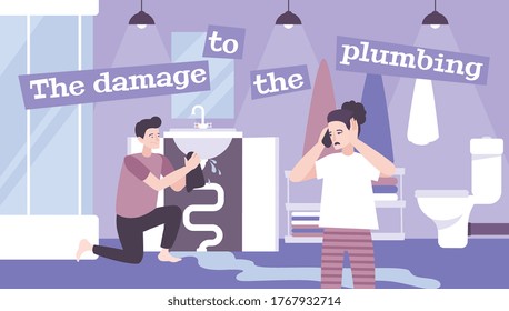 Plumbing repair flat composition with text and indoor scenery with damaged sink being fixed by plumber vector illustration