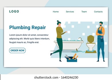 Plumbing Repair Horizontal Banner. Plumber Visiting Customer for Remove Blockage in Toilet Bowler. Sad Woman Housewife Communicate with Worker in Flooded Bathroom. Cartoon Flat Vector Illustration