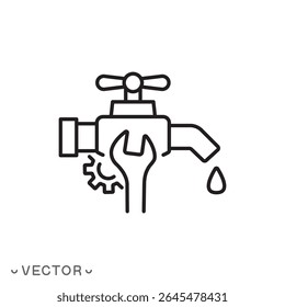 plumbing repair icon, plumbing service, broken faucet, water tap no used, water supply shutdown concept, thin line symbol isolated on white background, editable stroke eps 10 vector illustration
