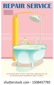 Plumbing Repair Service Flat Cartoon Vector Illustration. Working and Fixing Problems or Demaged Pipe in Bathroom. Bath with Washing Accessories on it. Gel, Shampoo and Duck. Curtains.