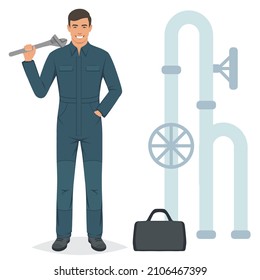 Plumbing Repair Service Flat Vector Concept. Plumber Repairing Leaky Pipe, Vector Illustration